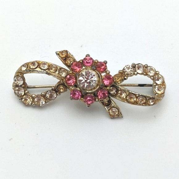 Vintage Pink Ribbon Rhinestone Brooch - Picture 1 of 9